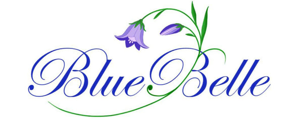 Logo of 'Blue Belle' with floral elements on a white background